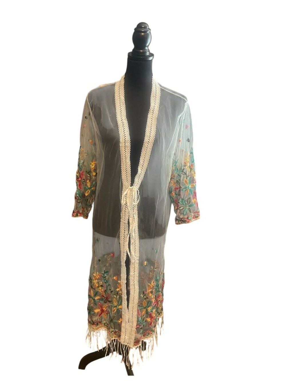 OCEAN BLUE FLORAL SHEER TASSEL TRIM KIMONO